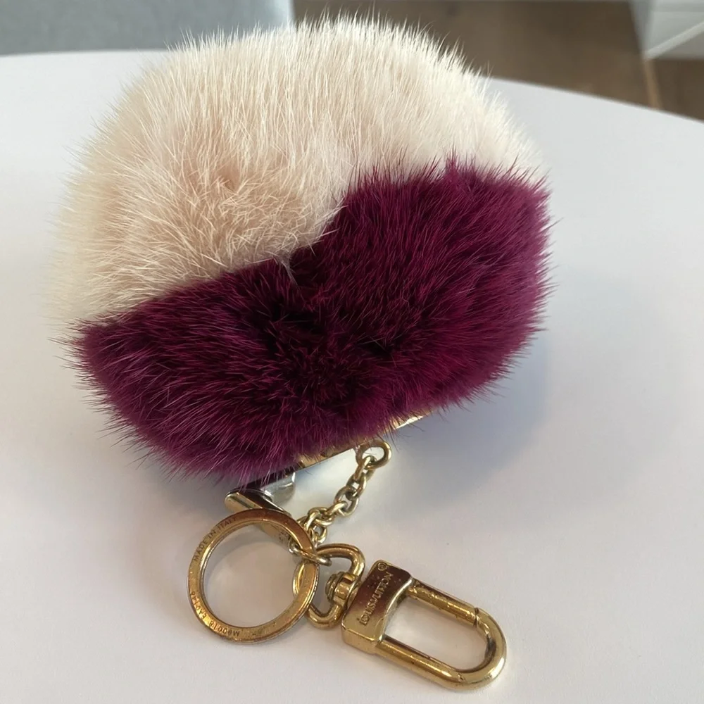 Louis Vuitton Two-Tone Fur Pom Pom Key Holder in Cream and Deep Berry